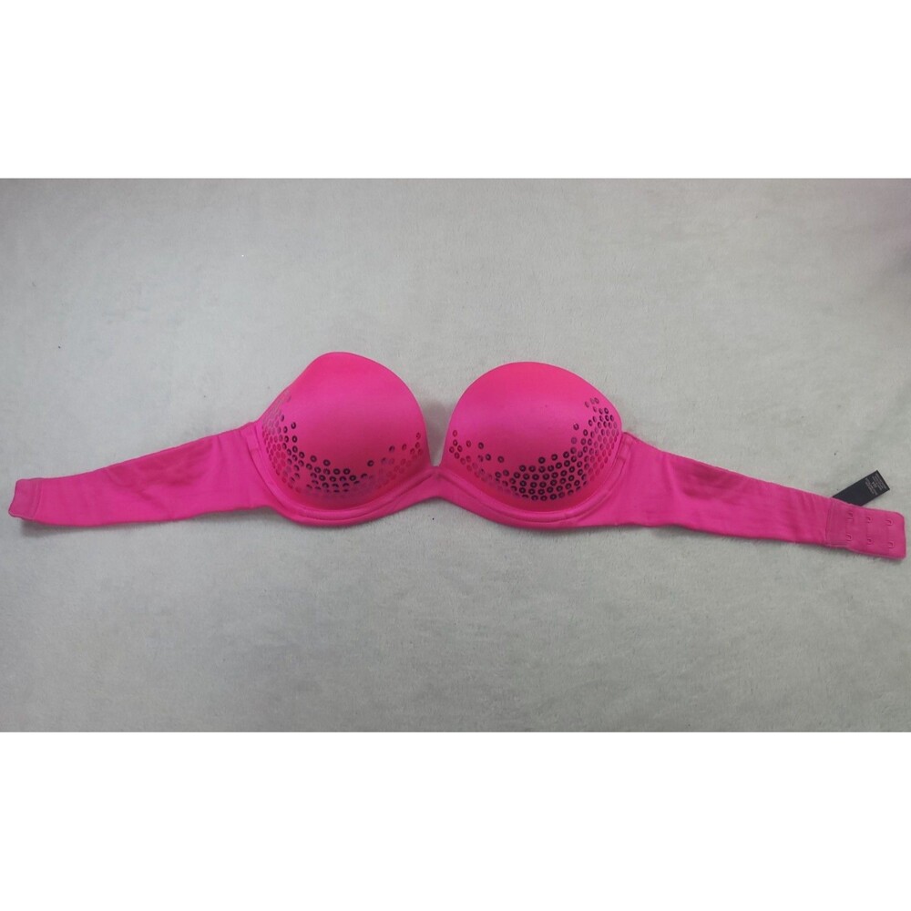 Victoria's Secret Pink Sequin Strapless Bra 32A Neon Hot Fuchsia Bling No Straps